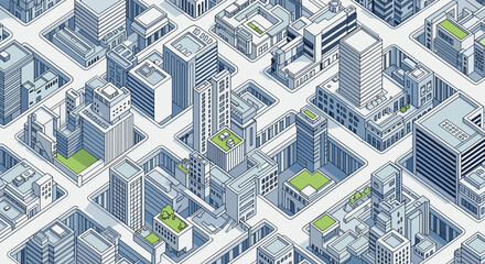 Detailed isometric view of a futuristic city layout with blue skyscrapers, wide streets, and sustainable green roof gardens on various buildings.