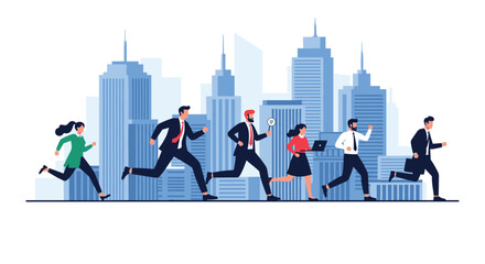 Energetic group of business professionals in suits running towards a modern city skyline symbolizing career success and competition.