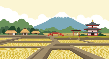 Picturesque rural Japanese landscape featuring golden rice fields, traditional houses, a red bridge, and the iconic snow-capped Mount Fuji in the distance.
