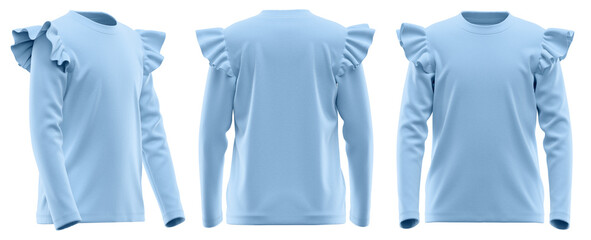 T-Shirt for Girls Round Neck Long Sleeve with Ruffle Shoulder, Plain Blank Apparel Mockup ( Sky Blue )