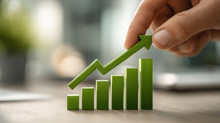 Hand placing a green arrow on a rising bar graph, symbolizing business growth and success