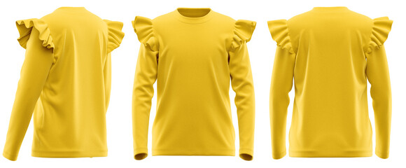 T-Shirt for Girls Round Neck Long Sleeve with Ruffle Shoulder, Plain Blank Apparel Mockup ( Yellow )