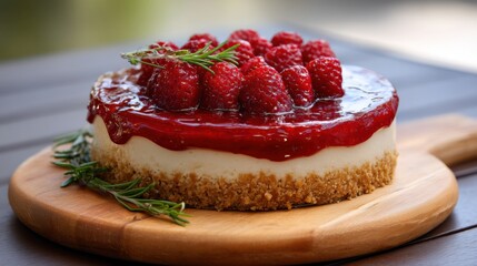 Homemade berry cheesecake with glossy raspberry topping and crumbly crust, placed on a wooden table with natural light. 