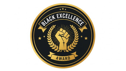A vector graphic illustration of a Black Excellence Award badge with a raised fist and laurel wreath