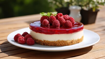Homemade berry cheesecake with glossy raspberry topping and crumbly crust, placed on a wooden table with natural light. 