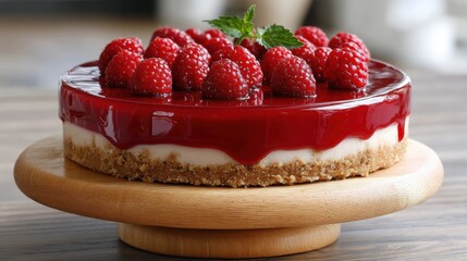 Homemade berry cheesecake with glossy raspberry topping and crumbly crust, placed on a wooden table with natural light. 