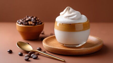 Homemade dalgona coffee with fluffy whipped foam, aesthetically styled with warm tones and minimal background. 