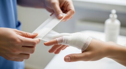 A person applying a white bandage to an injured hand in a bright indoor setting, showcasing medical care and first aid.