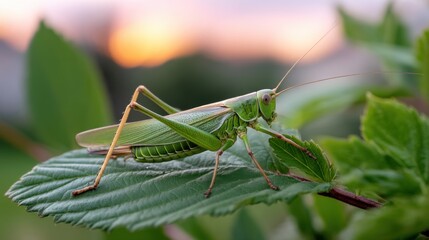 Large green grasshopper resting on a leaf, detailed macro view with blurred sunset background. 