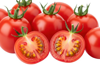 Plump, glistening vibrant red grape tomatoes, whole and halved, showing juicy flesh and green calyx, artfully arranged on a transparent background with copy space. Concept of healthy fresh food