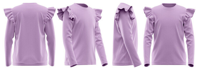 T-Shirt for Girls Round Neck Long Sleeve with Ruffle Shoulder, Plain Blank Apparel Mockup