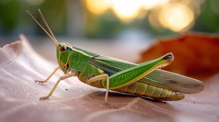 Large green grasshopper resting on a leaf, detailed macro view with blurred sunset background. 