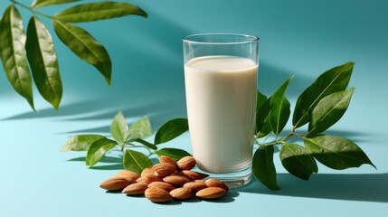Minimalist still life of almond milk in clear glass with almonds and green leaves, bright background, top view, clean eating and organic lifestyle. 