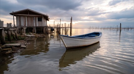 Old fishing boat tethered near a broken pier and wooden shack, with early sunlight and calm sea. 
