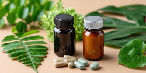Organic supplement bottles and natural pills surrounded by green leaves on eco-friendly background 