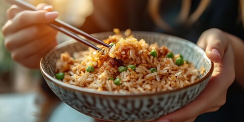 Woman eating pan asian fried rice with chopsticks in a bowl