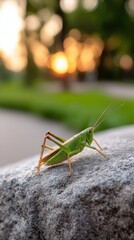 Realistic close-up of a green grasshopper on a stone, with a soft sunset bokeh behind. 