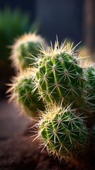 Softly lit cactus spines forming geometric patterns, showing the unique textures of desert flora. 