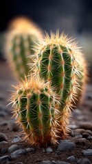 Softly lit cactus spines forming geometric patterns, showing the unique textures of desert flora. 