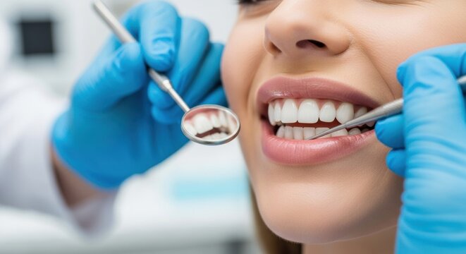 A close up view depicts a dental examination with bright white teeth in a woman's mouth and blue gloves, mirror and tools in a well lit dental clinic.