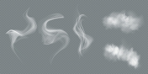 Transparent vector smoke and cloud set. Realistic fire smoke, white fluffy cloud, fog wave, and chimney smoke with overlay effect. Ideal for weather illustration, sky backgrounds