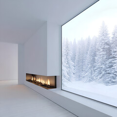 Modern interior with fireplace and snowy forest view