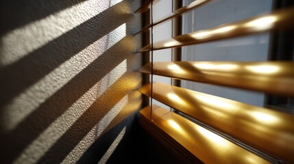 Sunlight shining through metallic blinds, creating striped light pattern on textured wall 