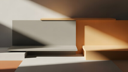 Abstract composition of 3D geometric shapes and walls with strong shadows and orange highlights