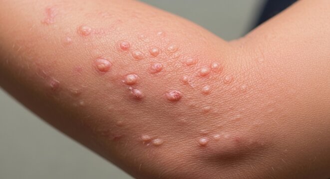 A detailed close-up shows Molluscum Contagiosum on an arm, featuring small, raised bumps and papules in natural light, highlighting the skin condition.