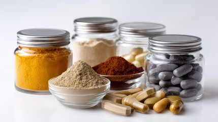 Variety of herbal supplements, tablets, and powder jars on clean white background 