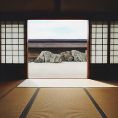 Traditional Japanese tatami room overlooking peaceful rock garden