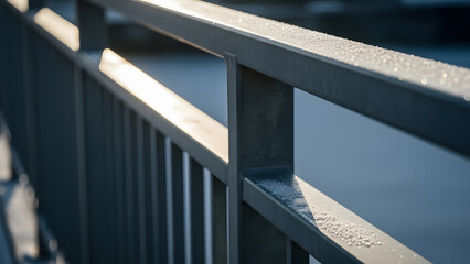 A close-up of a metal railing covered in ice crystals and frost during a cold morning