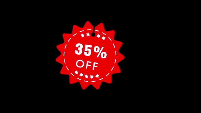A vibrant red starburst shaped sale tag prominently displaying the text 35% OF in white lettering against a stark black background, symbolizing a discount offer. Keywords: sale, discount, tag