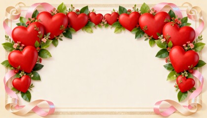 A festive decorative frame for Valentine's cards, featuring 3D red hearts with green leaves, pastel ribbons, and scrollwork. Empty center for text or photo, ideal for modern banners.