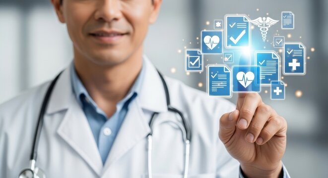 A doctor interacting with a digital interface displaying blue medical icons in a brightly lit studio, highlighting modern healthcare technology. - Powered by Adobe