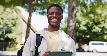 Black man, student and outdoor in portrait with tablet, learning opportunity and scholarship....