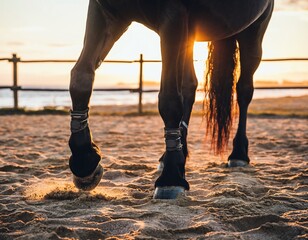 Powerful horse legs in protective boots on sandy ground during sunset, capturing equestrian sports, animal beauty, and outdoor activity concepts.