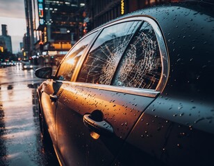 Broken side window on a dark car parked on a rainy city street at dusk, concept for crime, damage and insurance.