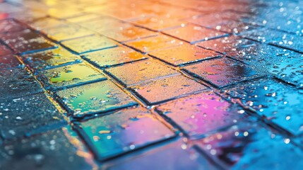 Vibrant Rainbow Light Reflection on Wet City Pavement Tiles after Rain