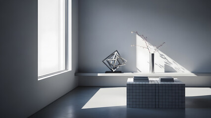 A clean minimalist room featuring a modern geometric sculpture and a vase with cherry blossoms on a platform