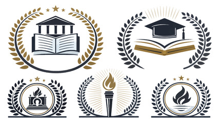 Education and academic laurel emblem set with book, graduation cap and torch
