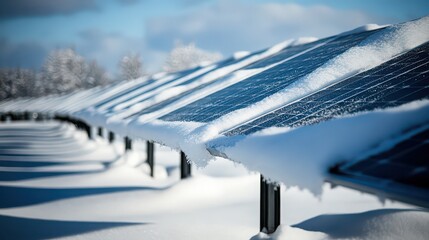 Solar Panel Array Covered in Snow During Winter for Renewable Energy Efficiency