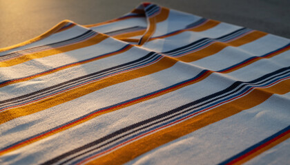 Close-up of Folded Fabric with Yellow Blue and Red Stripes textile material