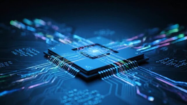 Advanced Microchip Processor on Circuit Board, High Speed Computing Technology, Artificial Intelligence Hardware and Digital Data Processing Concept