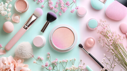Aesthetic Beauty and Makeup Cosmetics Flat Lay with Pastel Brushes on Blue Background