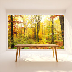 Minimalist room with wooden table, large window to autumn forest