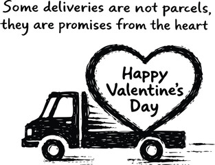 Black and white truck delivering a heart with happy valentines day text delivery