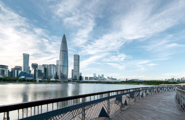 Skyscrapers by the lake, CBD of a big city, Shenzhen, China.