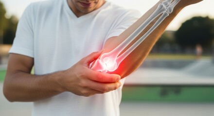 Outdoor shot of a man in a white shirt gripping his elbow, with a red highlighted bone structure indicating pain. The image conveys joint pain and inflammation.