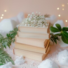 Stack of Vintage Books with White Flowers